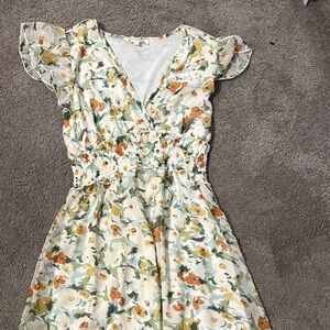 indulge Cream Floral Midi Dress with Green & Orange Accents